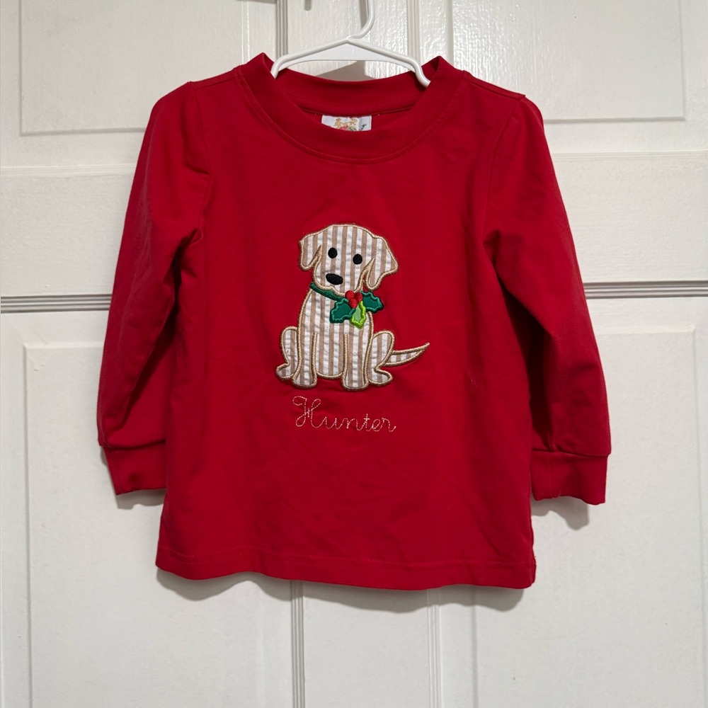 3T “Hunter” Monogram Boys Dog Christmas Long Sleeve Red Shirt Holiday Appliqué